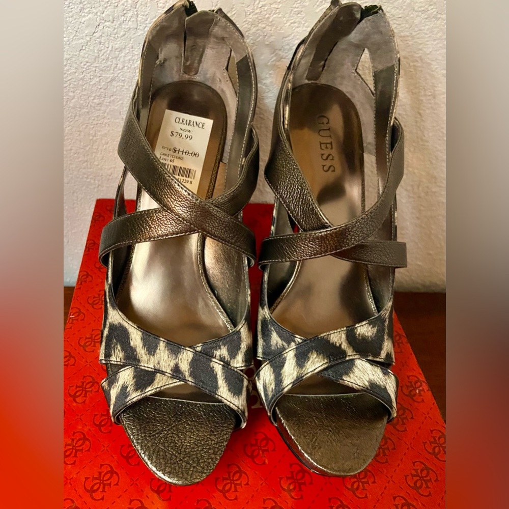 GUESS BRONZE LEOPARD PLATFORM STILETTOS — Size 8.5